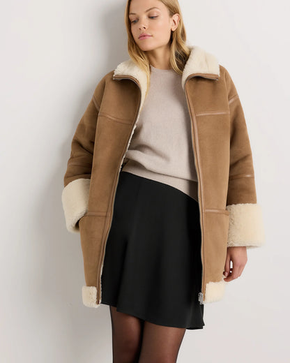 100% Shearling Long Coat - XS / Fawn/Off-White