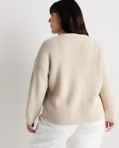 100% Organic Cotton Fisherman V-Neck Sweater - 1X / Speckled Beige