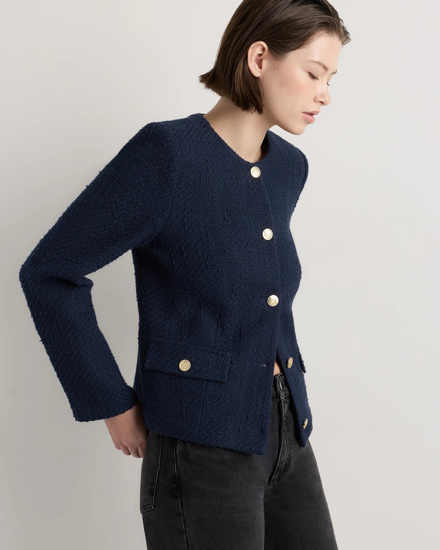 Tweed Collarless Jacket - XS / Deep Navy
