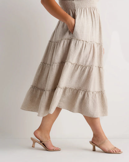 100% European Linen Smocked Midi Dress - 1X / Flax