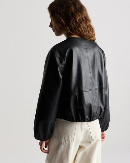 100% Leather Collarless Cropped Bubble Hem Jacket - XS / True Black