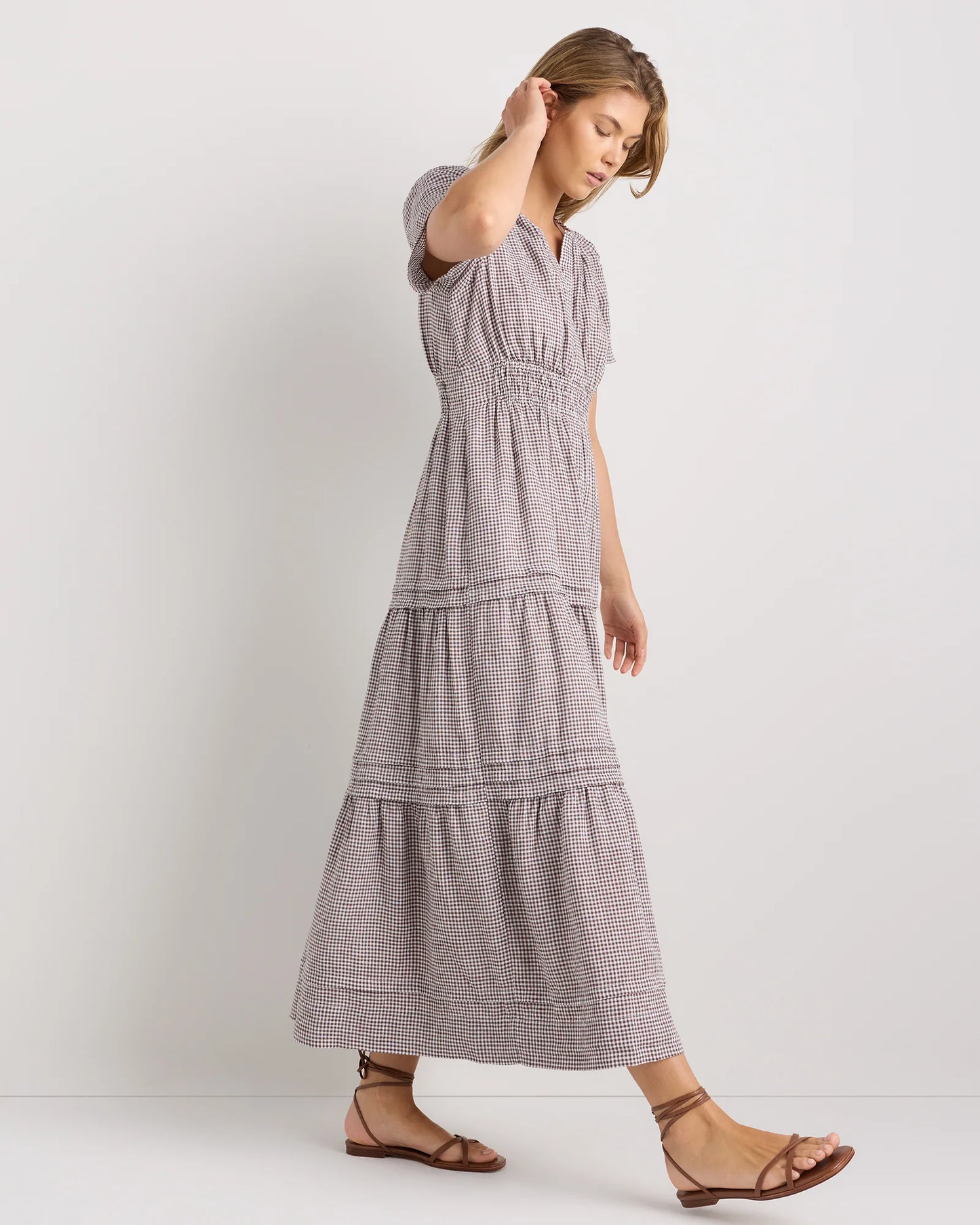 100% European Linen Tiered Maxi Dress - XS / Ivory Porcelain Blue Petite Floral