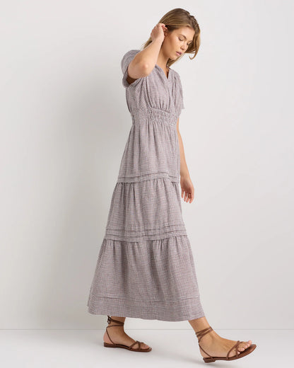 100% European Linen Tiered Maxi Dress - XS / Ivory Porcelain Blue Petite Floral