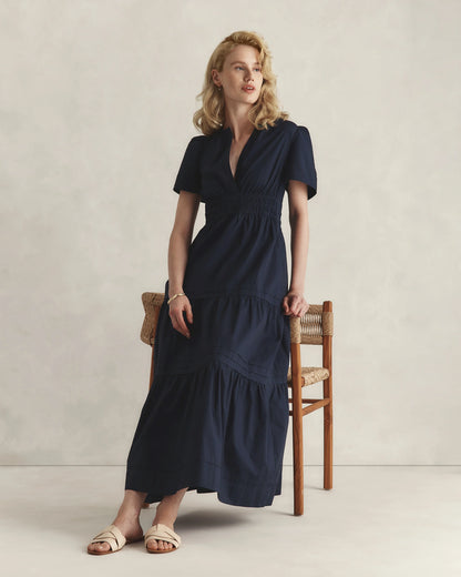 100% Organic Cotton Poplin Tiered Maxi Dress - XS / Navy