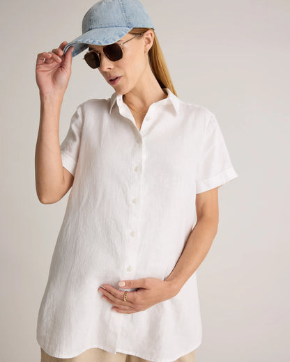 100% European Linen Maternity Camp Shirt - XS / Blue Pinstripe
