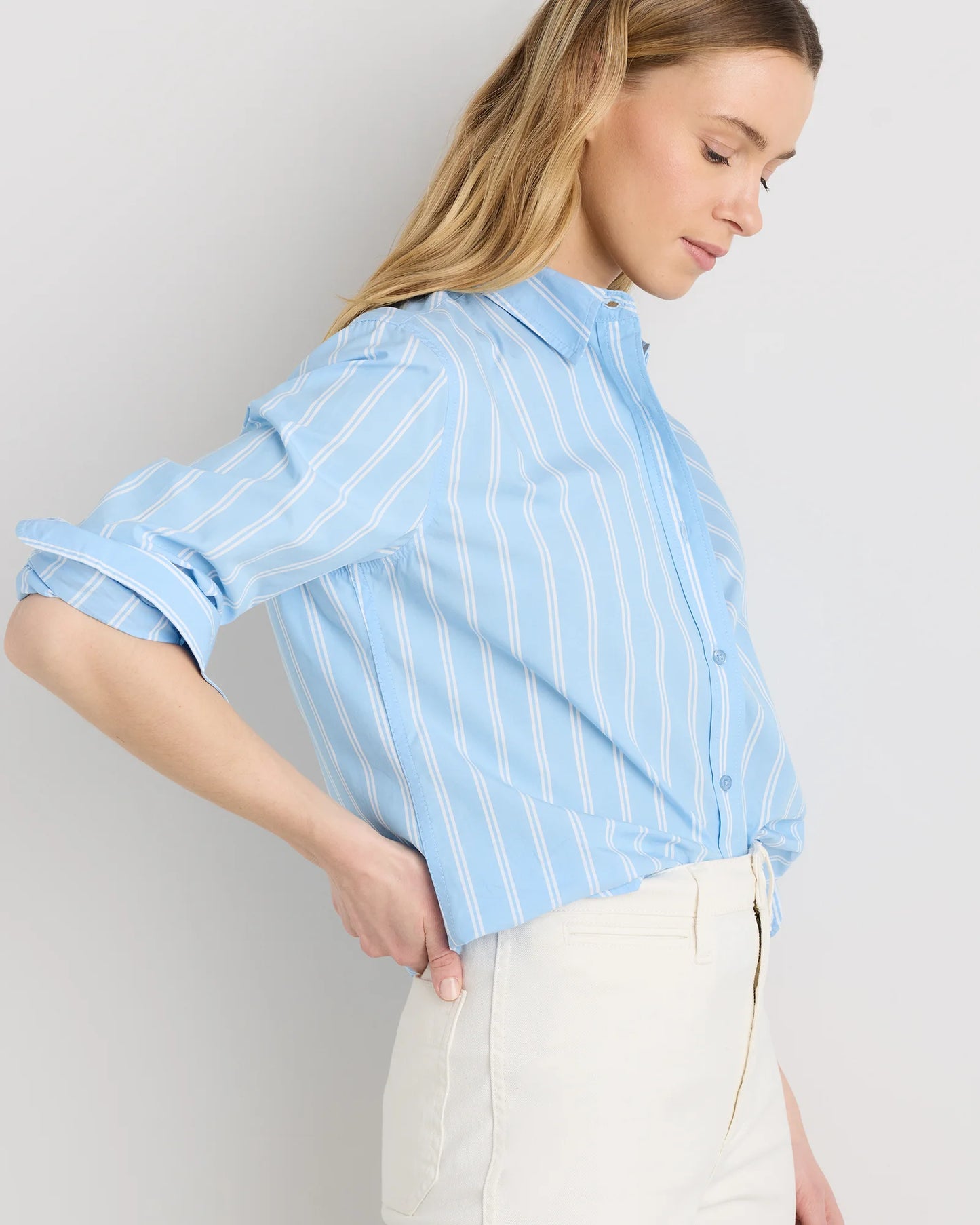 100% Organic Cotton Poplin Long Sleeve Shirt - XS / Delta Blue Double Stripe