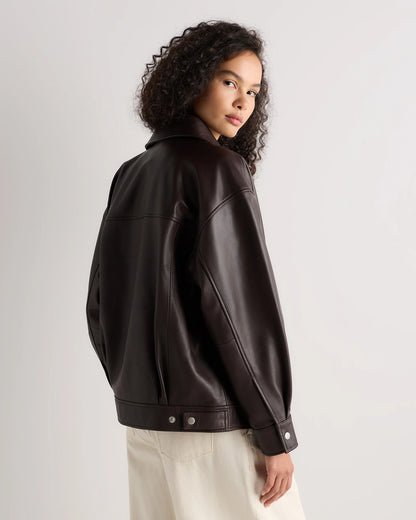 100% Leather Oversized Bomber Jacket - XS / Rich Brown