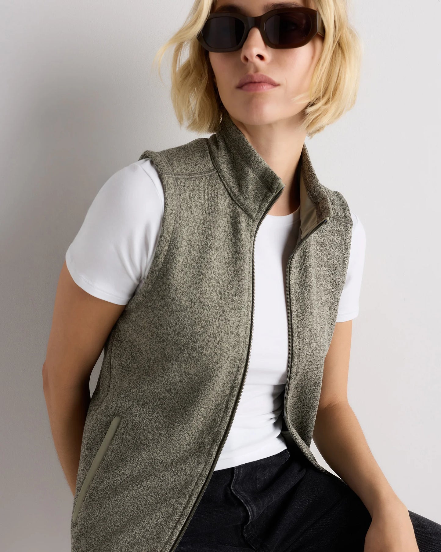 Sweater-Knit Fleece Full-Zip Vest - XS / Heather Mineral Green
