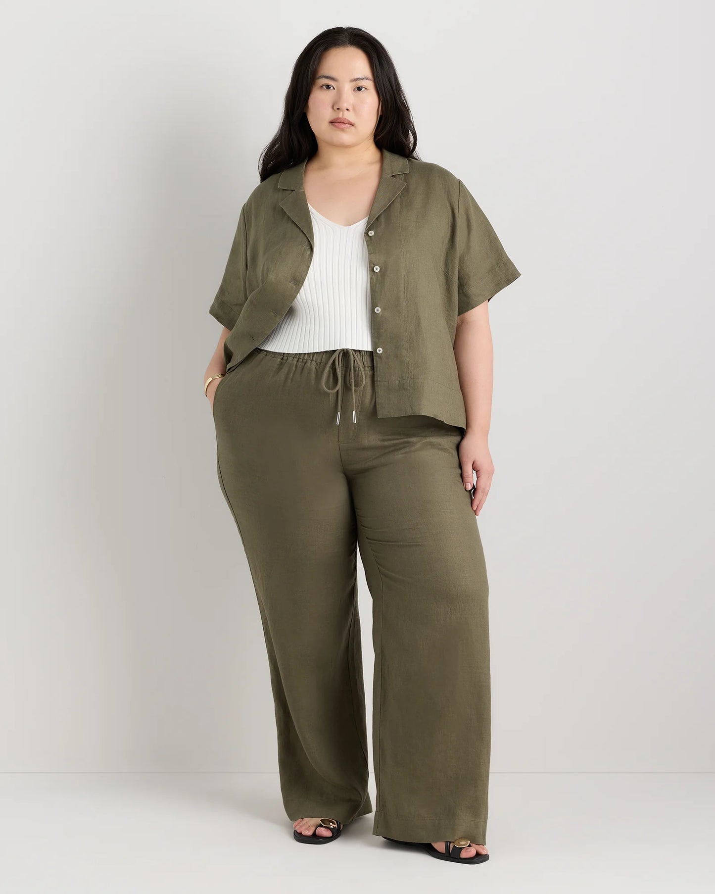 100% European Linen Wide Leg Pants - 1X / Black