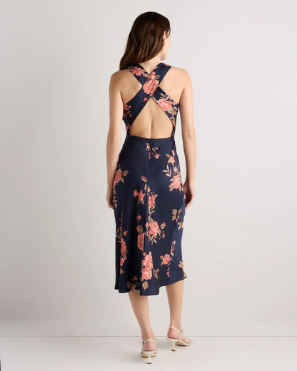 Washable Stretch Silk High Neck Midi Dress - XS / Vintage Navy Roses
