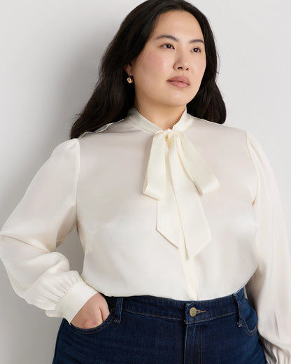 Washable Stretch Silk Tie Neck Blouse - 1X / Ivory