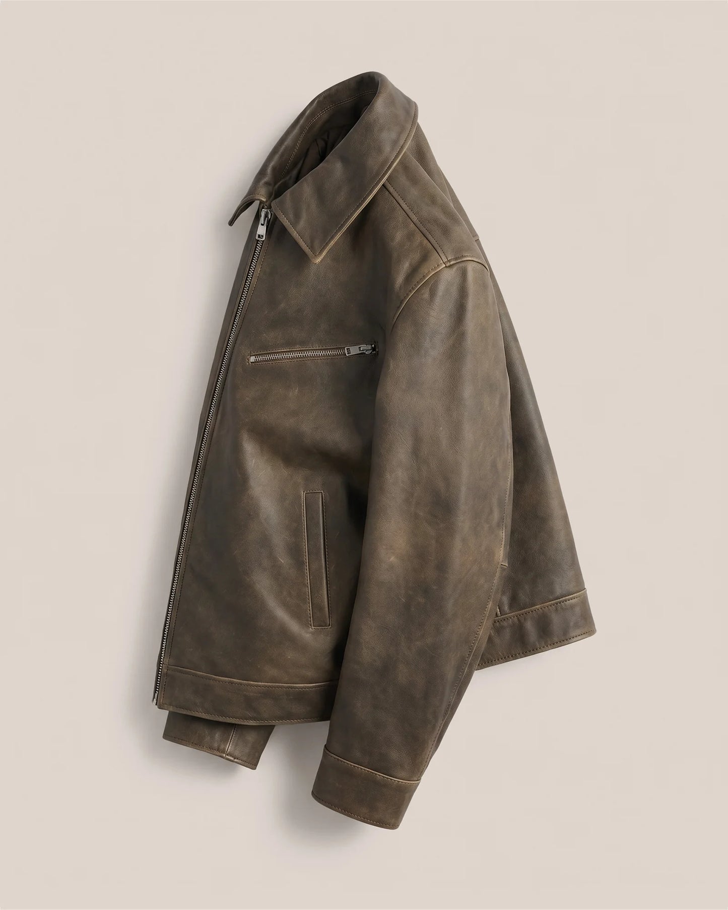 100% Leather Oversized Bomber Jacket - XS / Rich Brown