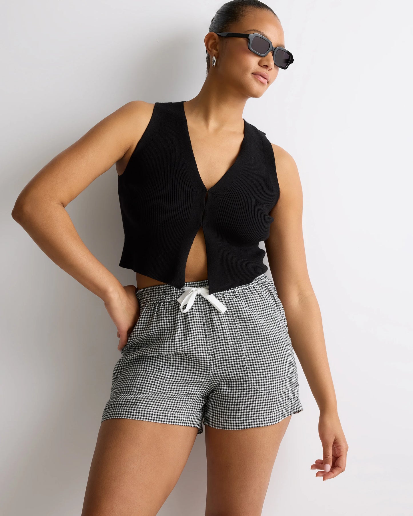 100% European Linen Shorts - XS / Taupe Brown Gingham