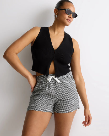 100% European Linen Shorts - XS / Taupe Brown Gingham
