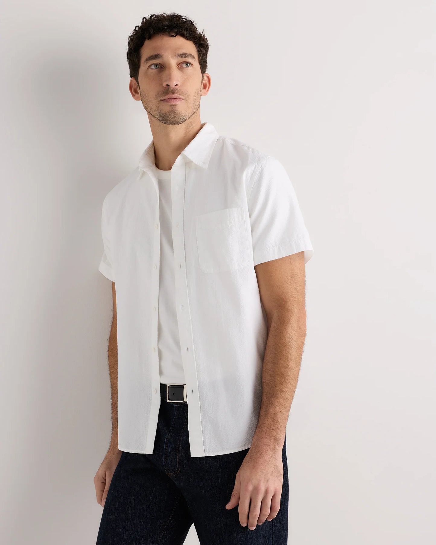 100% Organic Cotton Seersucker Short Sleeve Shirt - S / White
