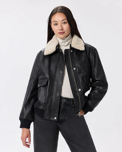 100% Leather Shearling Trim Aviator Jacket - XS / True Black
