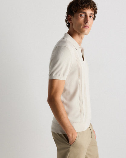Cotton-Silk Ribbed Short Sleeve Sweater Polo - S / Speckled Beige