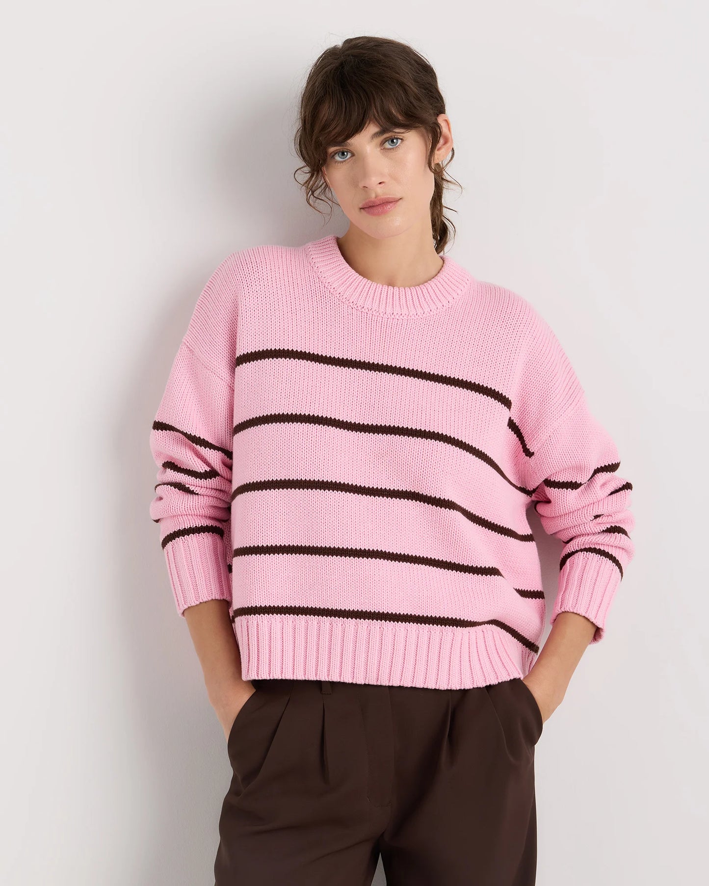 100% Organic Cotton Striped Crew Sweater - XS / Heather Brown/Ivory