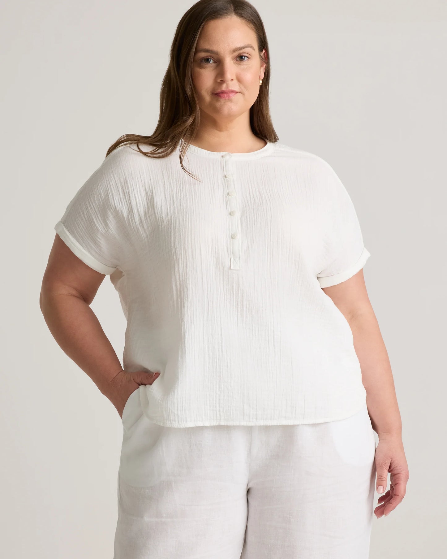 100% Organic Cotton Gauze Roll Sleeve Shirt - 1X / White