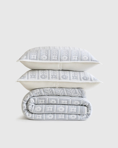 Organic Cotton Jacquard Floral Coverlet Set - Twin / Blue Fog