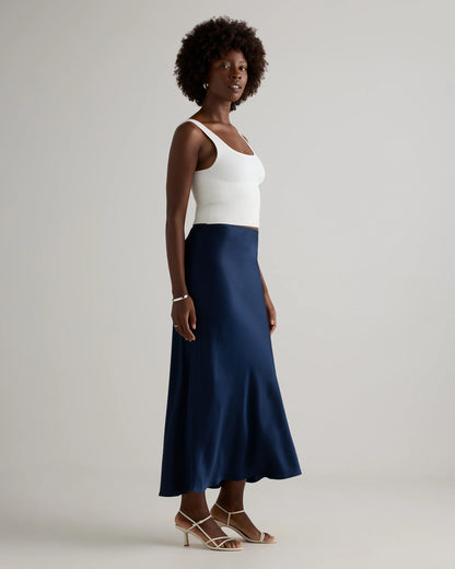 100% Washable Silk Maxi Skirt - XS / Navy