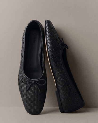 Italian Leather Handwoven Square Toe Ballet Flat - 5 / Cognac