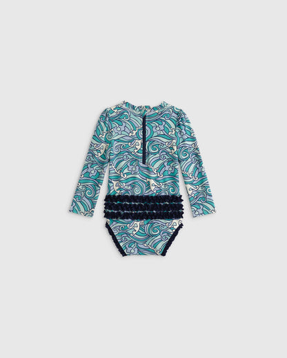 Sunsafe Ruffle One-Piece Rash Guard & Hat Set - 0-3M / Under the Sea/Waves