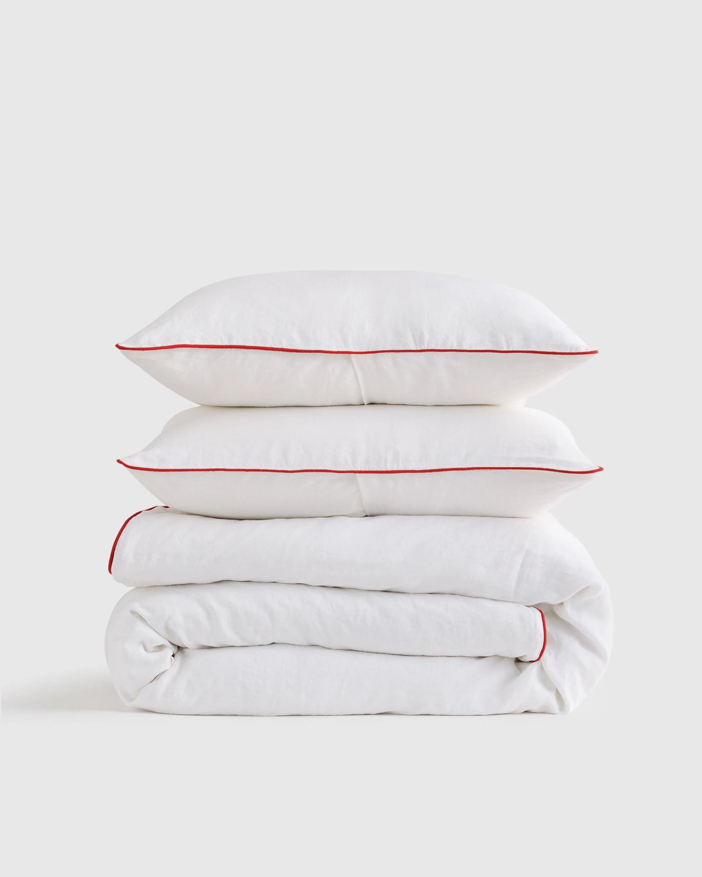 European Linen Piped Duvet Cover Set - Twin / White/Cherry