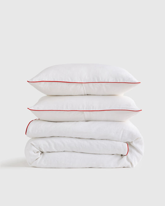 European Linen Piped Duvet Cover Set - Twin / White/Cherry