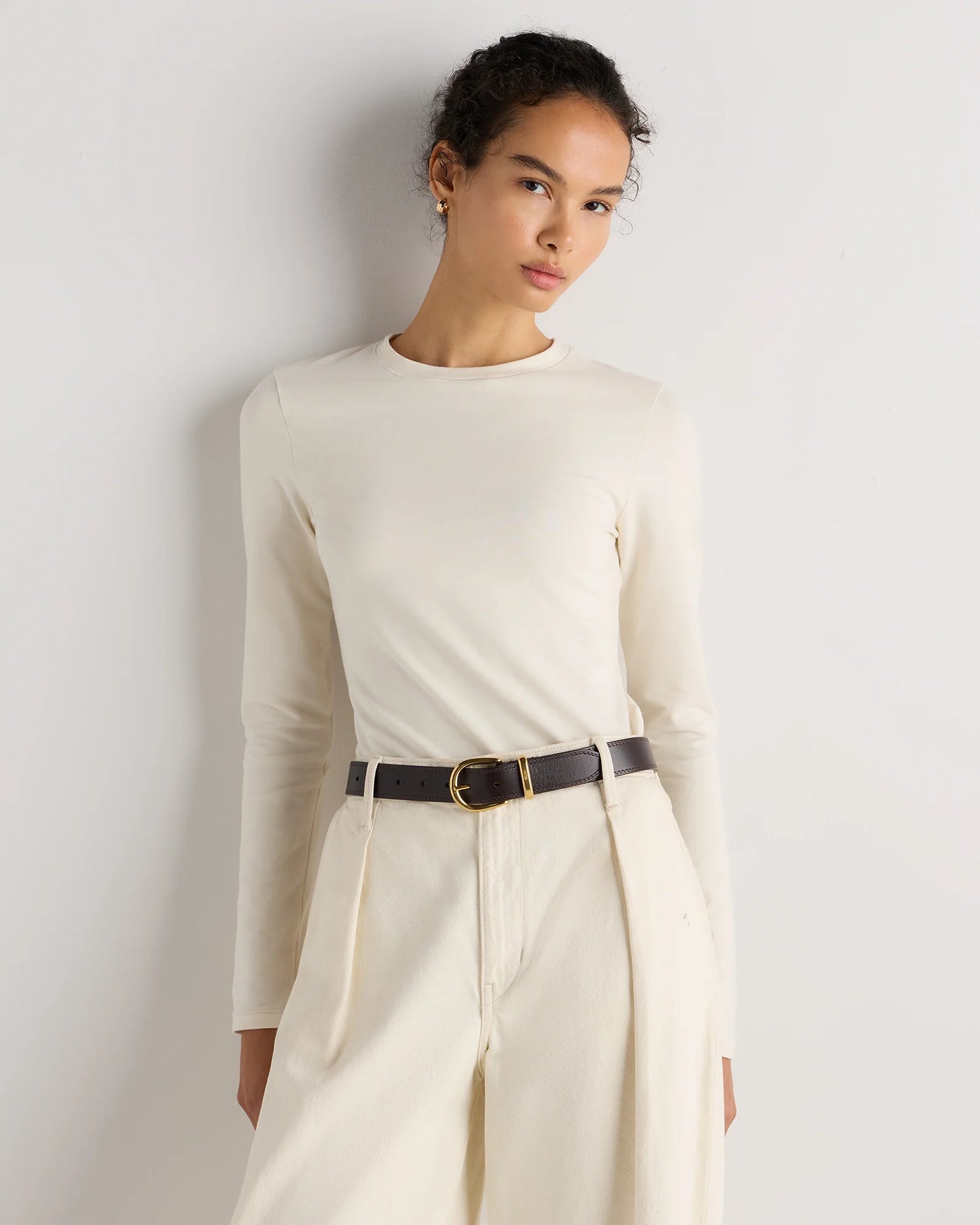 Stretch Cotton Jersey Fitted Long Sleeve T-Shirt - XS / Linen White