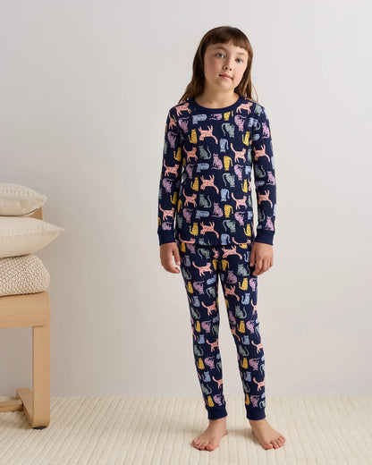 100% Organic Cotton Long Sleeve and Pant Pajama Set - 6 / Navy Stripe
