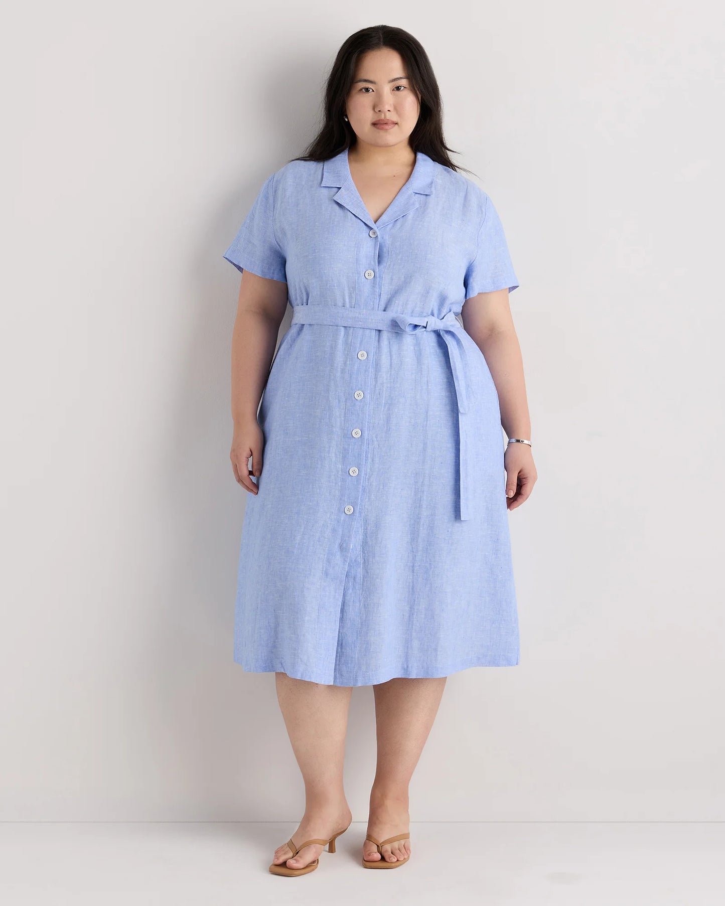 100% European Linen Button Front Dress - 1X / Blue Pinstripe