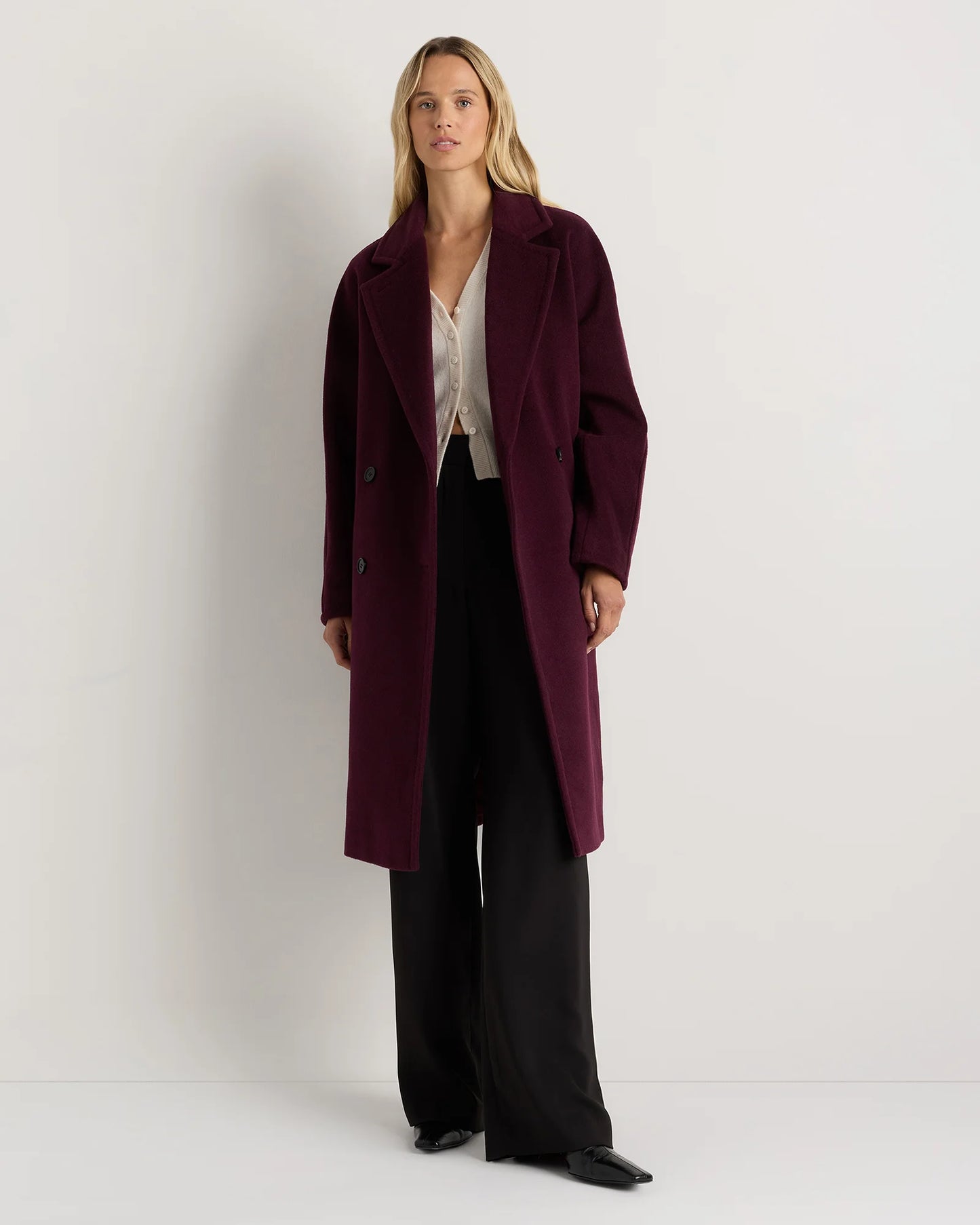 Wool Cashmere Double-Breasted Slouch Coat - XS / Winetasting