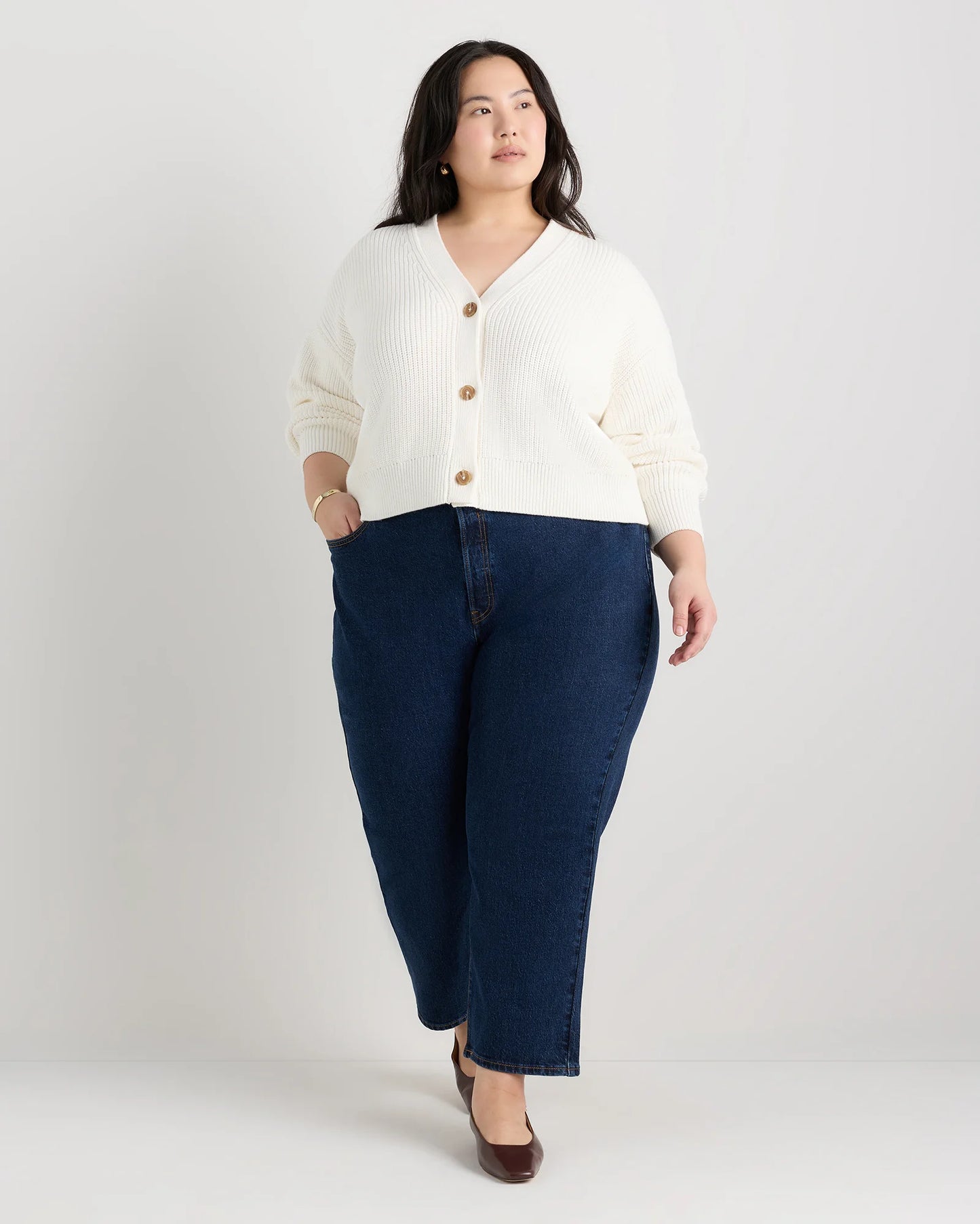 100% Organic Cotton Fisherman Boxy Cropped Cardigan - 1X / Black