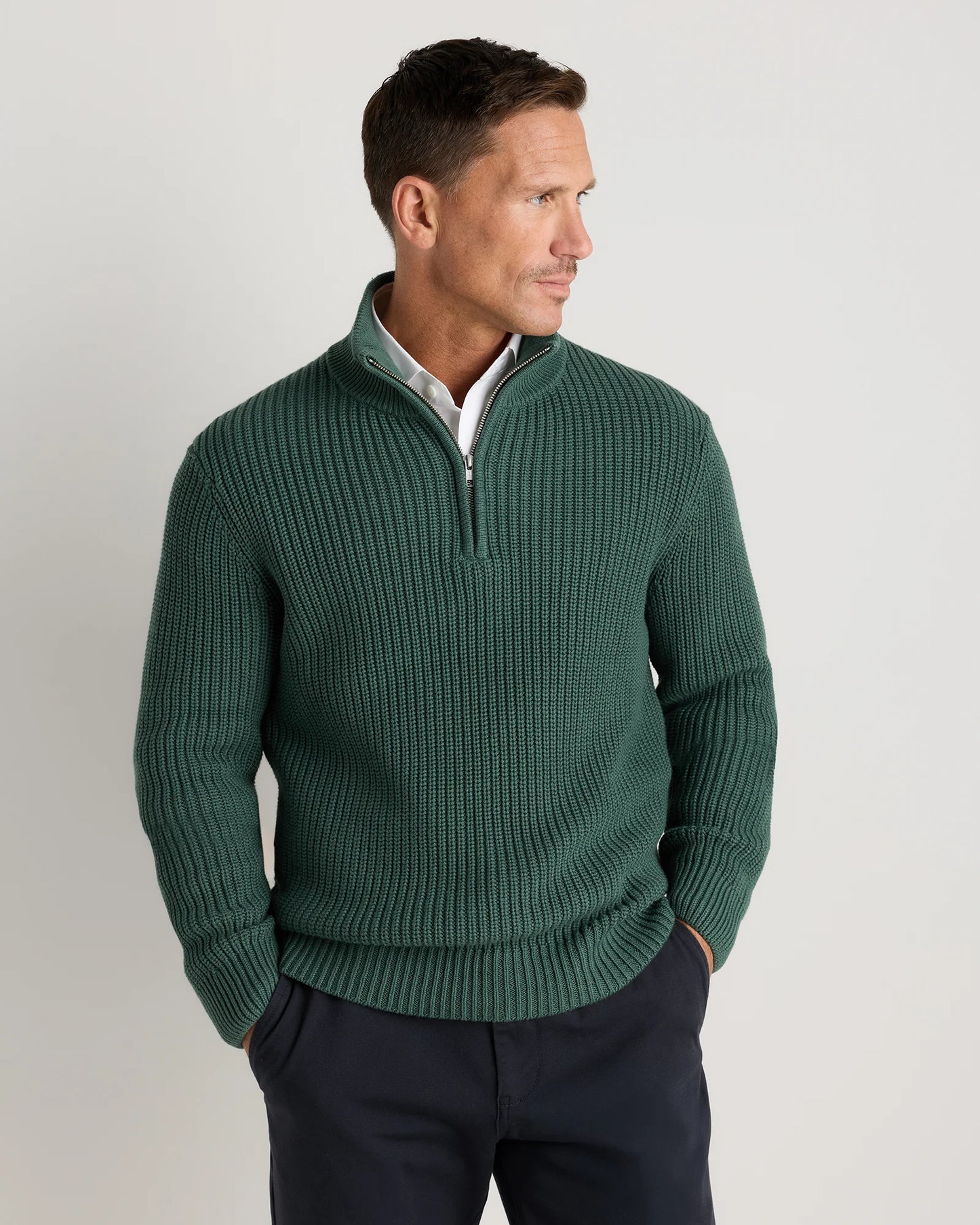 100% Organic Cotton Fisherman Quarter-Zip Sweater - S / Big Sur Green