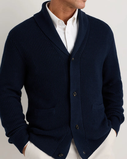 100% Organic Cotton Ribbed Shawl-Collar Cardigan Sweater - S / Bayberry Olive