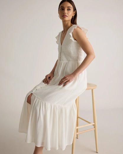 Organic Textured Cotton Smocked V-Neck Midi Dress - XS / Pale Custard Yellow