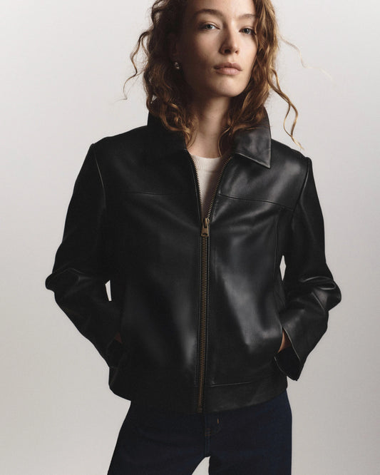 100% Leather Cropped Zip-Front Jacket - XS / True Black