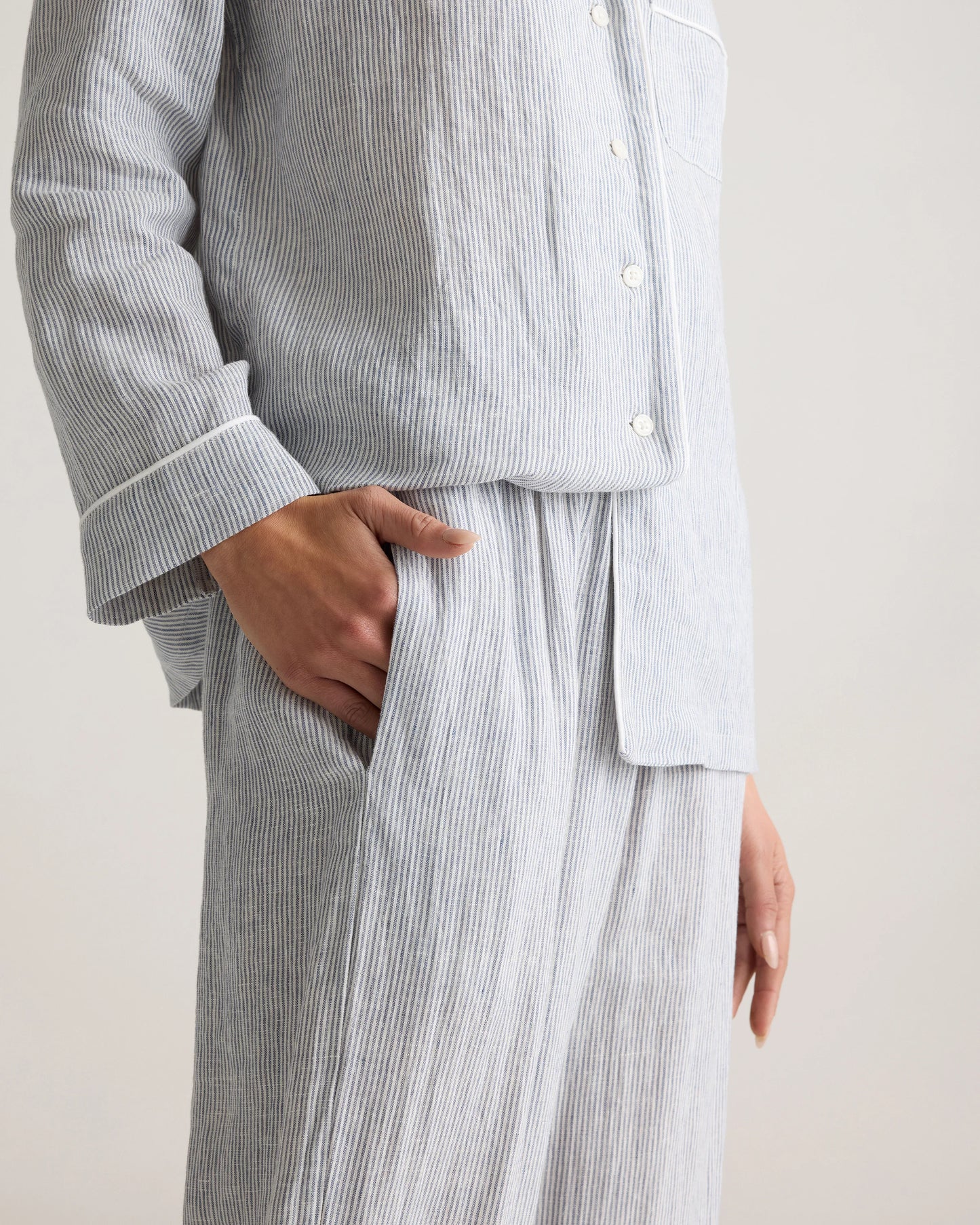 100% European Linen Long Sleeve Pajama Set with Piping - XS / Taupe Brown Gingham