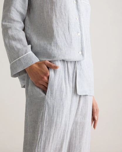 100% European Linen Long Sleeve Pajama Set with Piping - XS / Taupe Brown Gingham