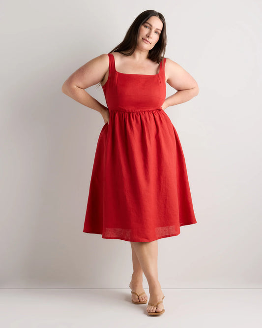 100% European Linen Fit & Flare Midi Dress - 1X / Chile