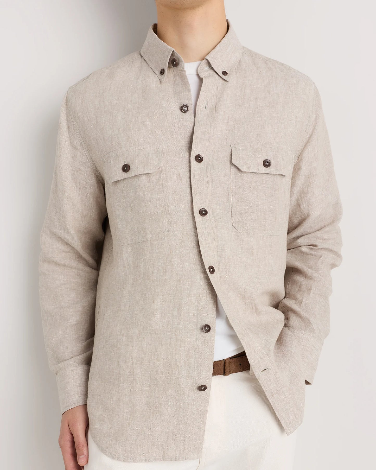 100% European Linen Utility Shirt - S / Taupe Brown Chambray