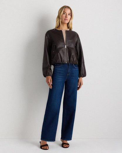 100% Leather Collarless Cropped Bubble Hem Jacket - XS / True Black