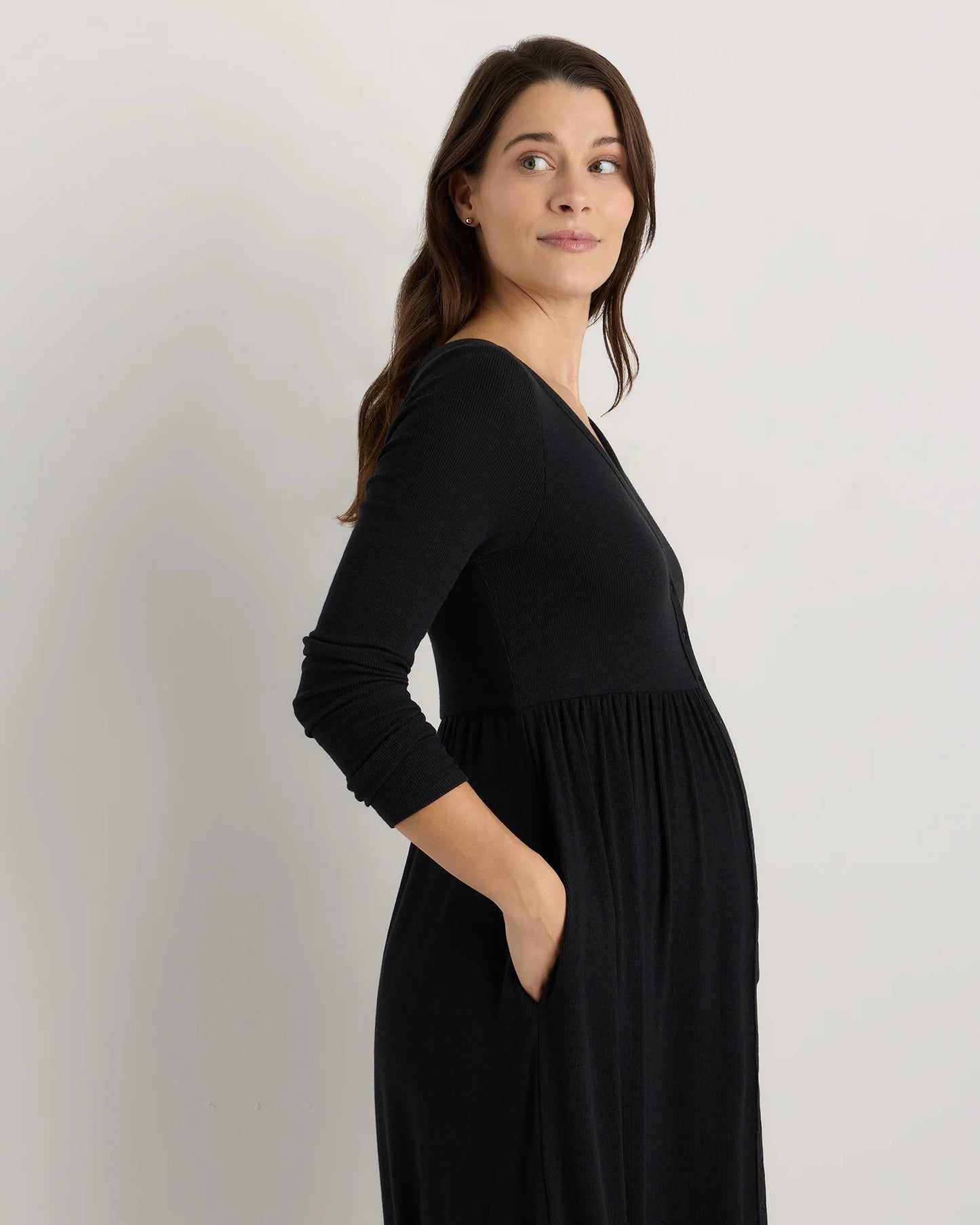 Bamboo Rib Maternity Long Sleeve Button Front Dress - XS / Classic White