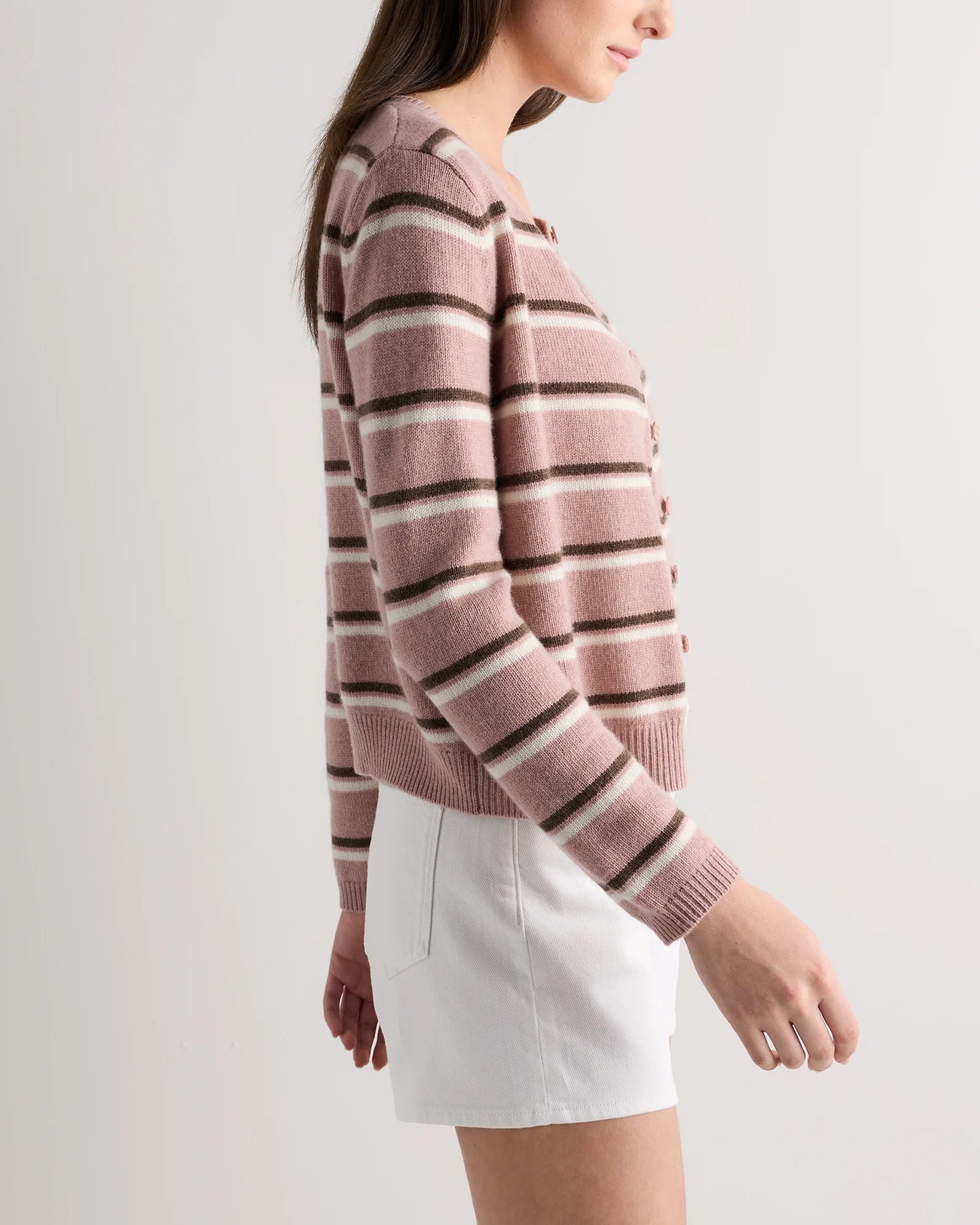 Mongolian Cashmere Cropped Crew Cardigan - XS / Heather Vintage Pink / Brown Variegated Stripe