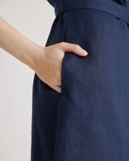100% European Linen Button Front Dress - XS / Sky Blue Mariner Stripe