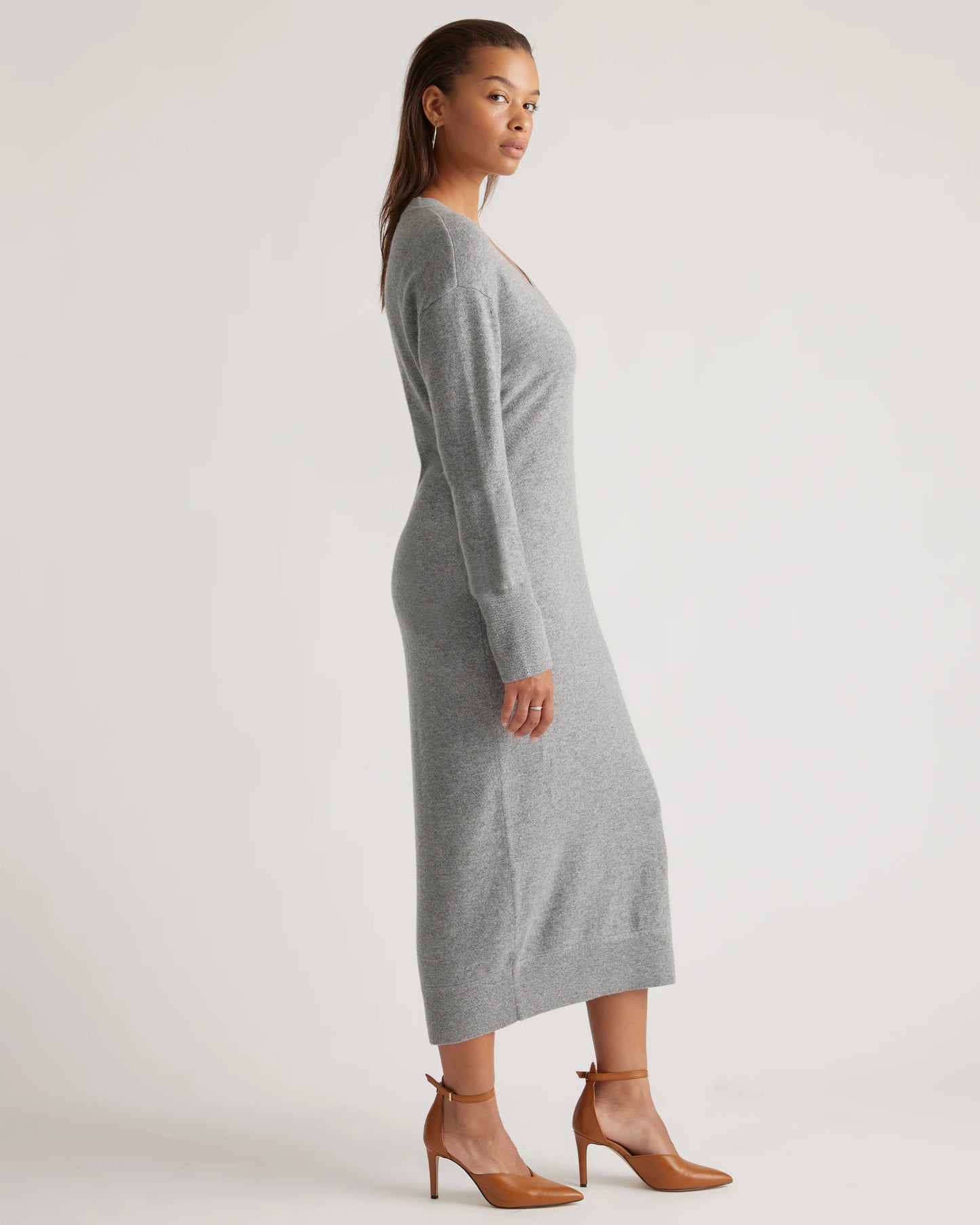 Mongolian Cashmere V-Neck Midi Sweater Dress - XS / Brown