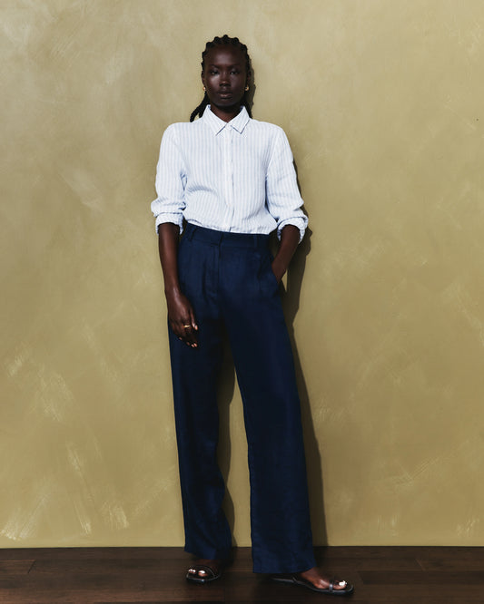 100% European Linen Pleated Trouser - 6 / Deep Navy