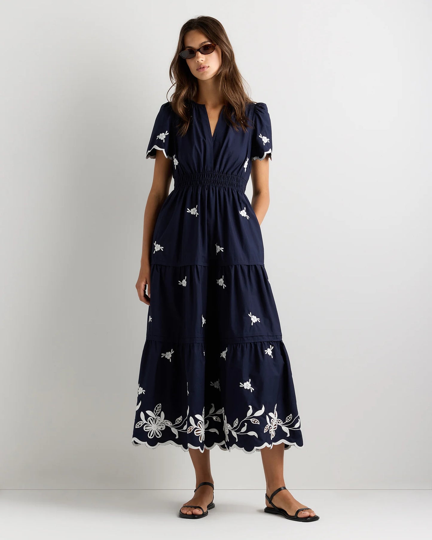 100% Organic Cotton Poplin Embroidered Tiered Maxi Dress - XS / Moonstone Blue
