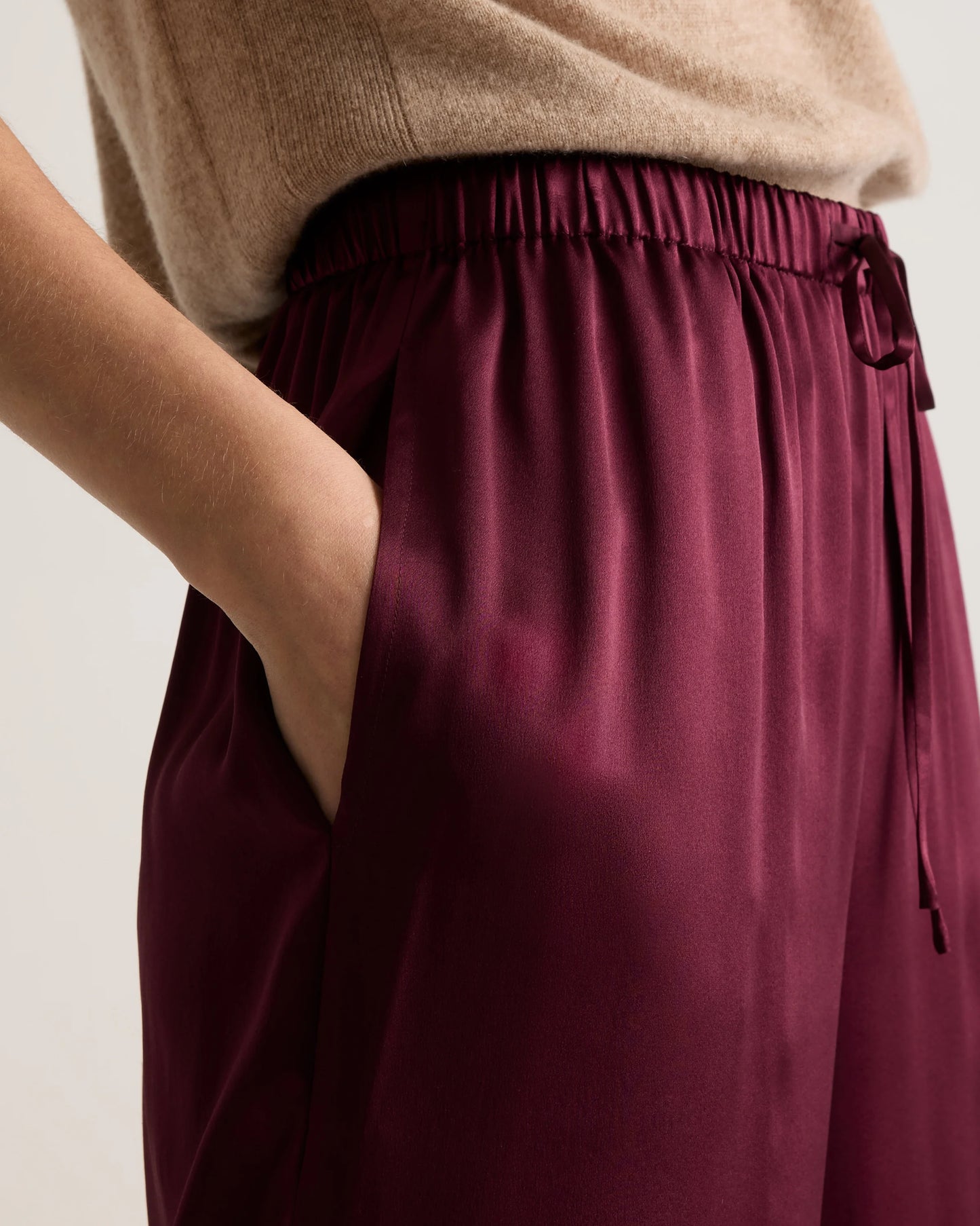 100% Washable Silk Drawstring Wide Leg Pants - XS / Champagne